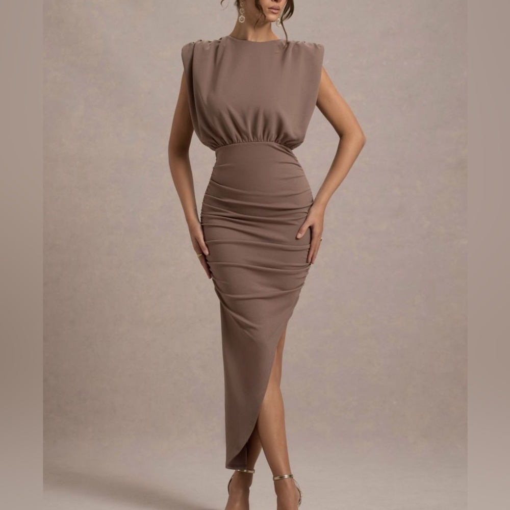 CLUB L LONDON Jennifer Mocha Sleeveless Maxi Dress With Asymmetric Hem NWT